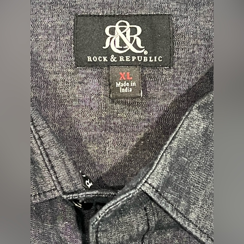 Rock & Republic Blue/Black Cotton Denim Look Shirt long Sleeve Roll Tab Button - Picture 6 of 7